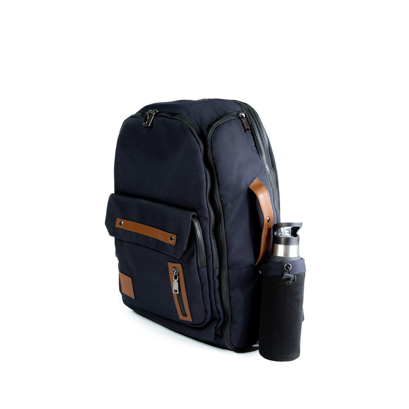 Black Backpack travel bag carry on gym bag water bottle holder recycled