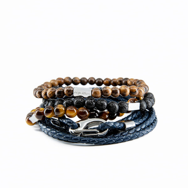 Mens and womens navy genuine leather wrap and beaded bracelet stack