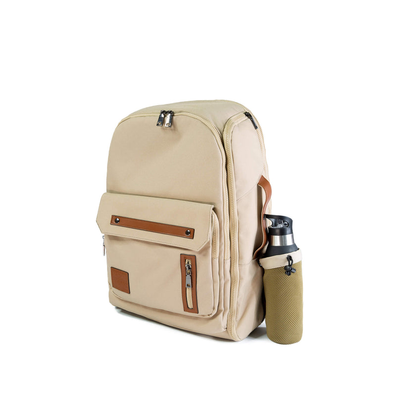 Beige Cream backpack travel bag carry on gym bag water bottle holder recycled