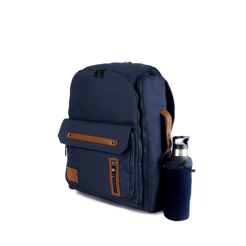 Navy Blue Backpack travel bag carry on gym bag water bottle holder recycled