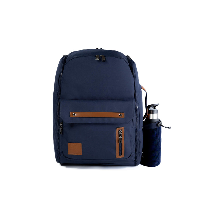 Navy Blue Backpack travel bag carry on gym bag water bottle holder recycled