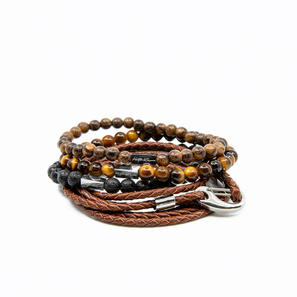 Mens and womens natural brown genuine leather wrap and beaded bracelet stack