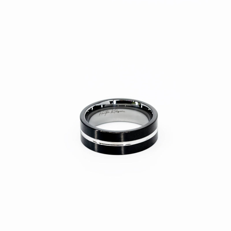 Mens black and silver tungsten ring